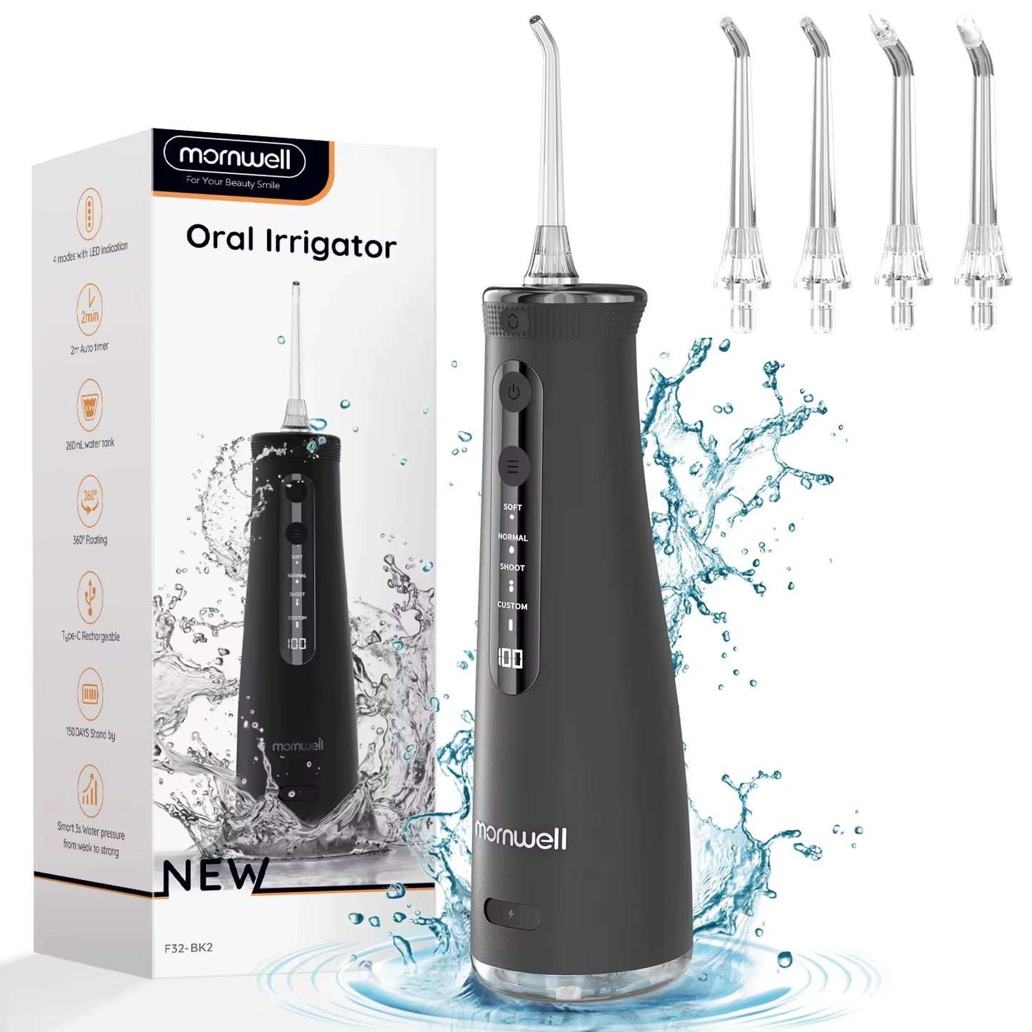 Sonic Water Flosser Mornwell F32 Oral Irrigator Rechargeable Dental Teeth Whitening Waterproof Teeth Cleaner Dental Water Jet